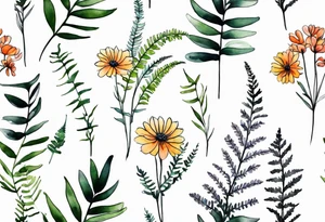 wild flowers long stems bouquet with ferns all watercolor tattoo idea
