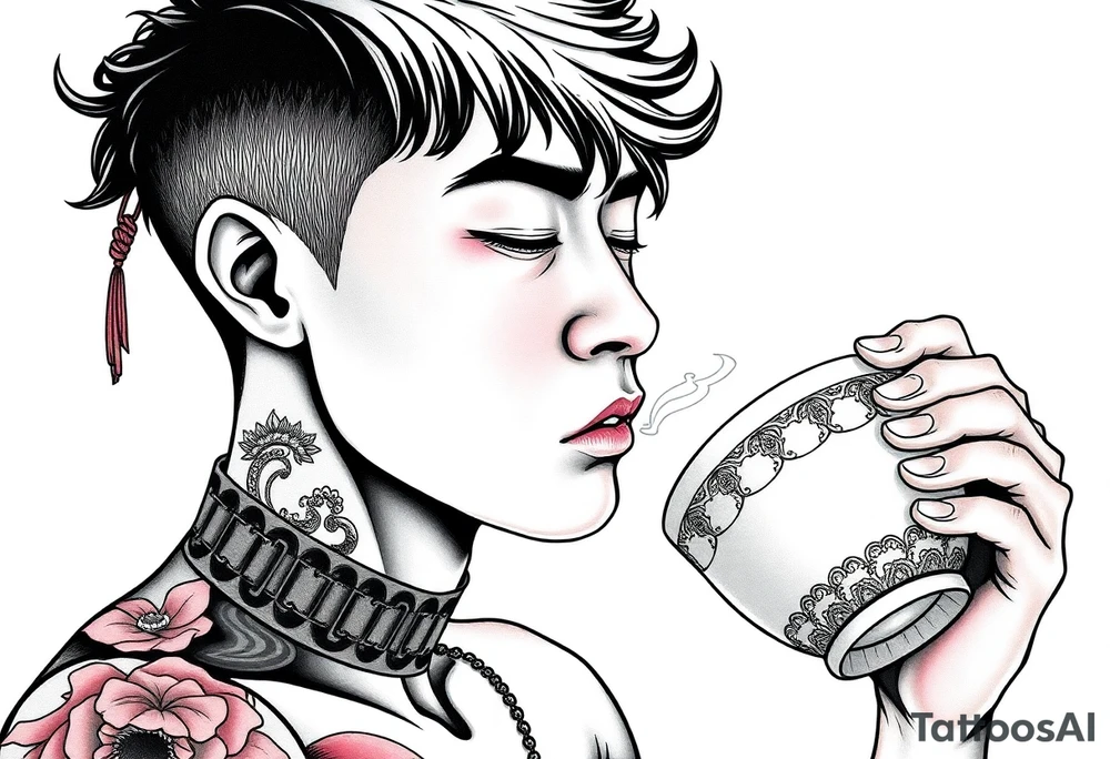 Handsome Asian young guy is drinking from ancient cup tattoo idea