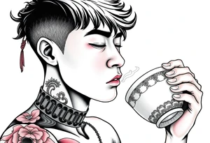 Handsome Asian young guy is drinking from ancient cup tattoo idea