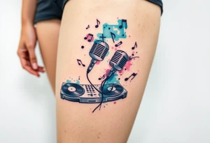 Microphone turntables and music notes graffiti style on a woman's thigh tattoo idea