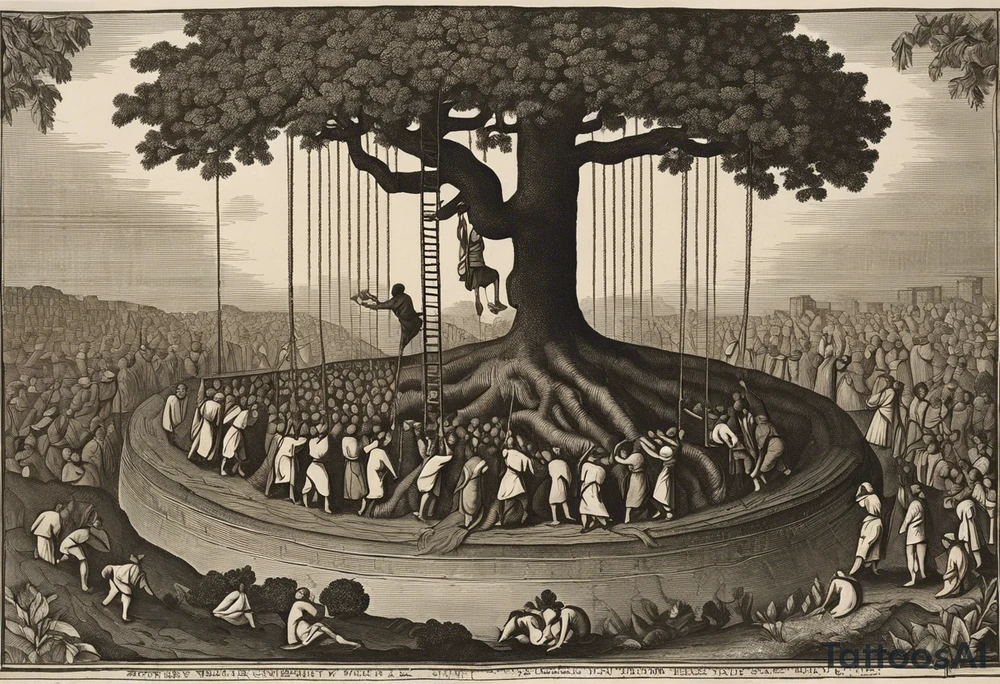 utopia picture of a tree at one level where above the surface is a group of people living in prosperity surrounding a tree. Below the surface the roots of the tree go down and turn into ropes and people are climbing these ropes to try and reach the above the surface. below the people climbing the ropes is hell, wih depicting of war slavery and death. going back to the top, above the tree is a perfection or heaven / nirvana. . include alchemical and occult symbols to depict this journey to enlightenment like religious or astrolligcal symblol. make it a full body tattoo stencil where the top of the tree would be at the chest and the ropes at the legs. tattoo idea