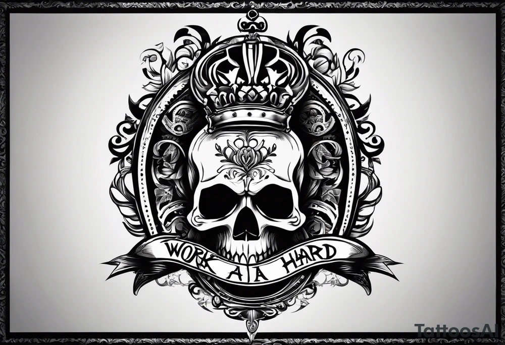 I want a tattoo with a skull design with the letters "work hard" at the top and the letters "play hard" at the bottom, in black only. tattoo idea