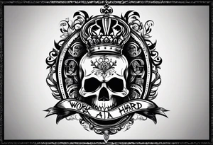 I want a tattoo with a skull design with the letters "work hard" at the top and the letters "play hard" at the bottom, in black only. tattoo idea