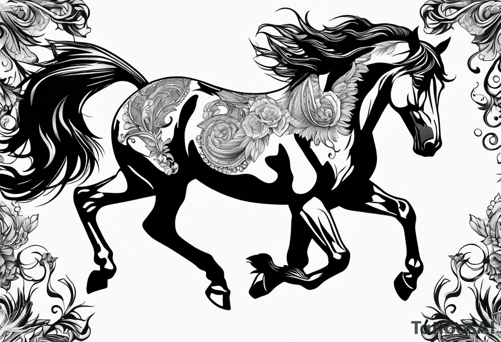 Mustang horse running along blood stomping tattoo idea