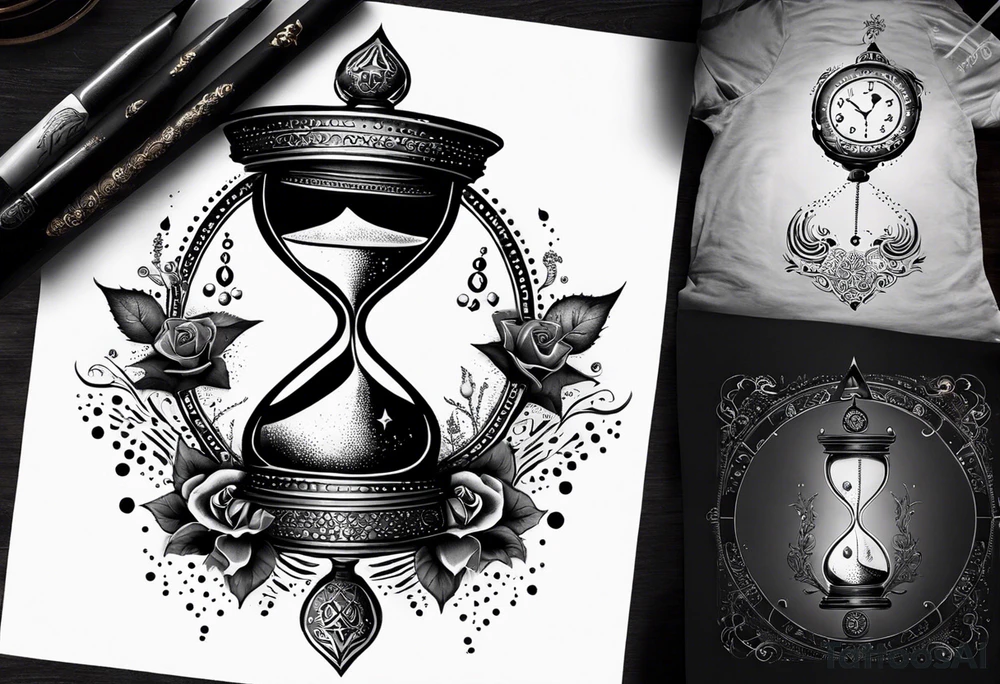 I want a design for printing on t-shirts, the design is an hourglass with a hand clock in the middle with Amazigh numbers, and these two main elements are mixed with thorny roses and planets tattoo idea