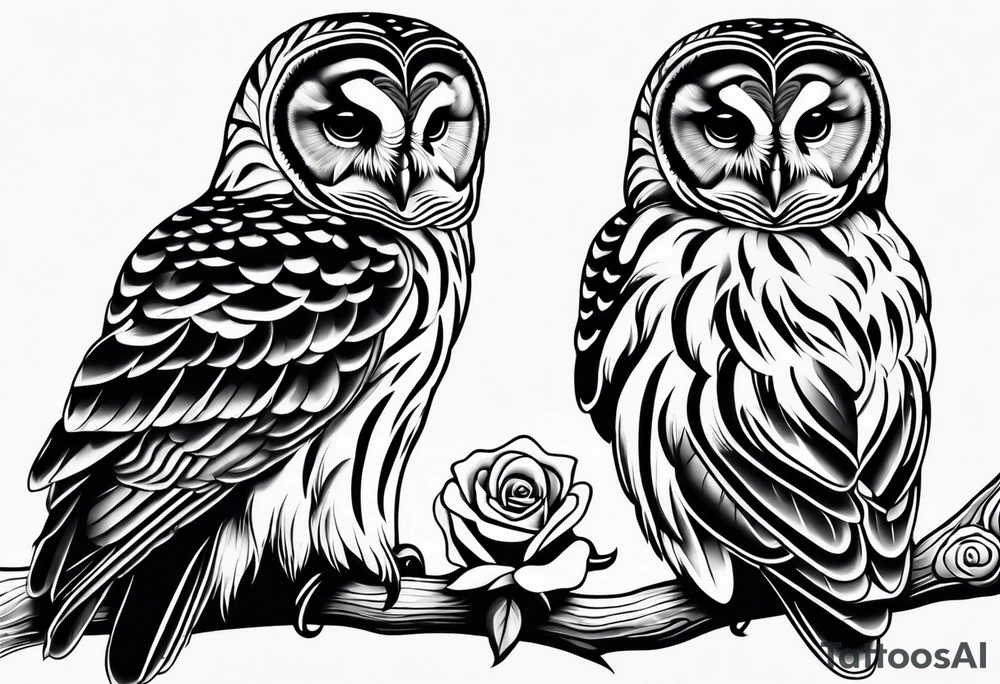 Barred owl with a single rose tattoo idea