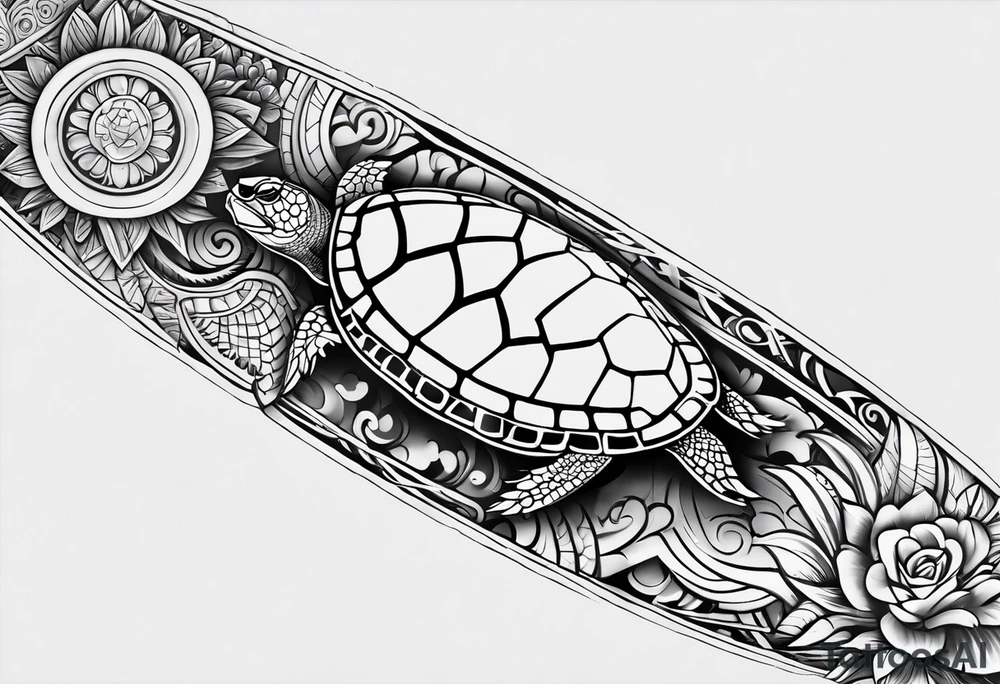 Full Polynesian tribal sleeve with turtle tattoo idea