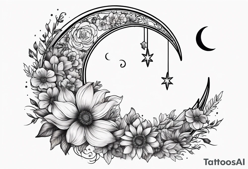 Waxing crescent moon made out of flowers tattoo idea