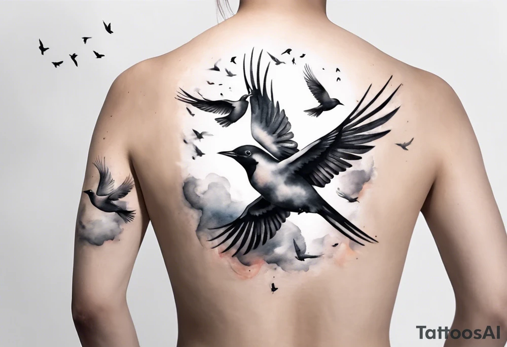 shoulder tattoo with light rays with birds flying free among the clouds, round shape, 3d effect tattoo idea shoulder tattoo with light rays with birds flying free among the clouds, round shape, 3d effect tattoo idea