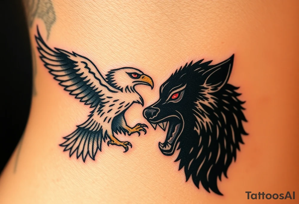 A fierce eagle locked in battle with a black wolf, their eyes glowing red and gold, creating an intense contrast tattoo idea
