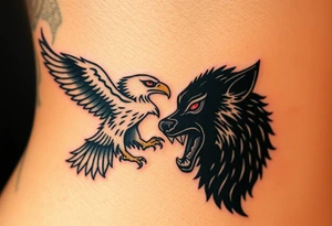 A fierce eagle locked in battle with a black wolf, their eyes glowing red and gold, creating an intense contrast tattoo idea