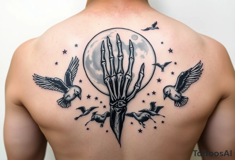 zodiac cancer skeletal hand snile with fangs on a fyull bloody moon surrounded by dead birds and a hellishly starry sky tattoo idea