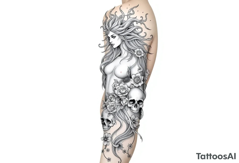 Ethereal Medusa standing. She is beautiful and feminine. She is a phoenix rising from fire and ash. Surrounded by flowers and skulls tattoo idea