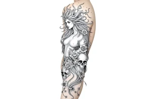 Ethereal Medusa standing. She is beautiful and feminine. She is a phoenix rising from fire and ash. Surrounded by flowers and skulls tattoo idea