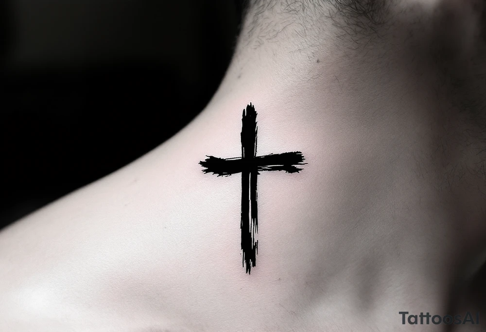 Cross in bold with a brush effect on man´s face under a eye. tattoo idea
