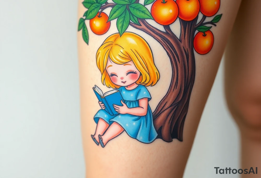 A blond little girl wearing a blue dress sitting under a orange tree while reading a book.


. tattoo idea
