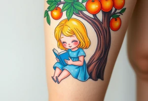 A blond little girl wearing a blue dress sitting under a orange tree while reading a book.


. tattoo idea