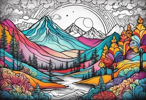oval shape trees mountain tattoo idea