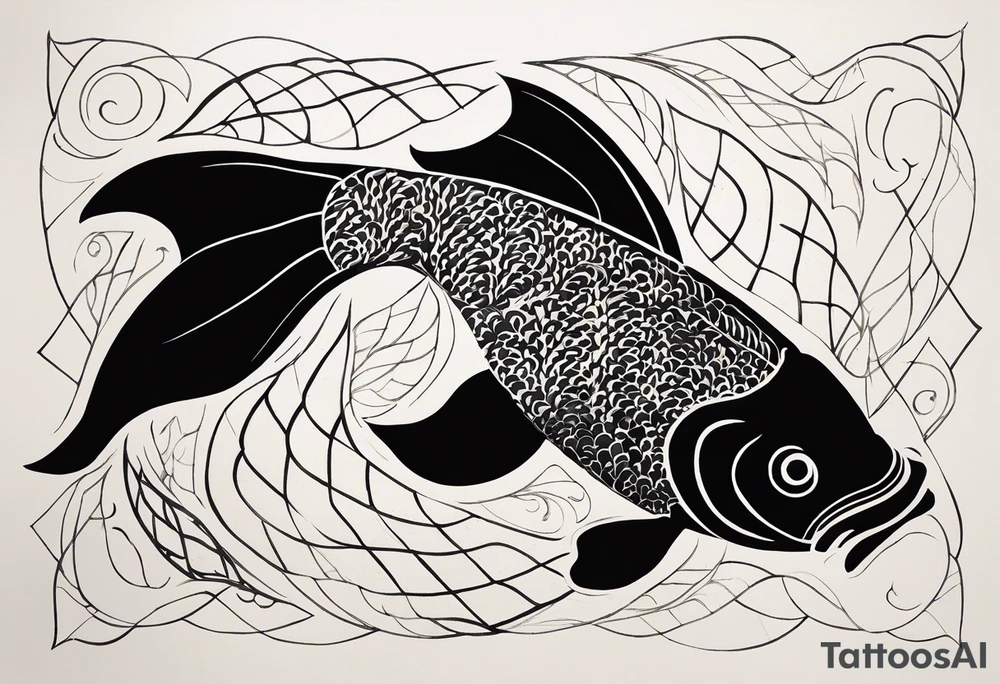 A black-and-white silhouette of a koi fish in a calligraphy style, viewed from above. The fish is intricately outlined with sharp, fluid lines, emphasizing its graceful, curved body. The koi fish is depicted with bold black and white contrasts, with simple, abstract shapes indicating where orange would normally be, but left as stark black and white outlines. The splash of water and ink blobs surrounding the fish are represented by bold, sweeping black shapes, with intricate details, giving the illusion of movement. The dark surface beneath the fish is solid black, providing a stark contrast to the white fish and water splashes. The overall composition is clean, with strong contrasts and no gradients, capturing the elegant fluidity of the koi in a minimalist, high-contrast silhouette. tattoo idea
