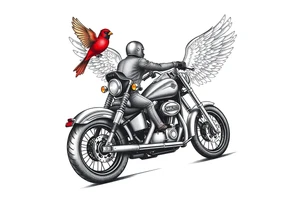 Harley grey motorcycle driving away, two red birds flying, roses, flames, angel wings tattoo idea