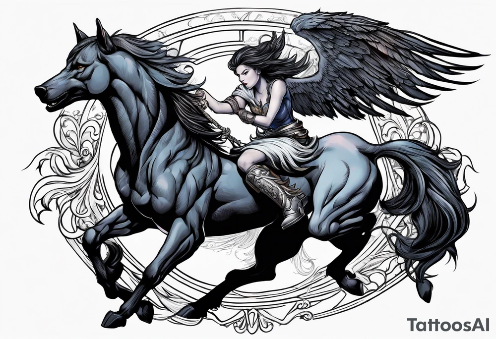 Female werewolf and Pegasus fighting in the night tattoo idea