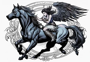 Female werewolf and Pegasus fighting in the night tattoo idea