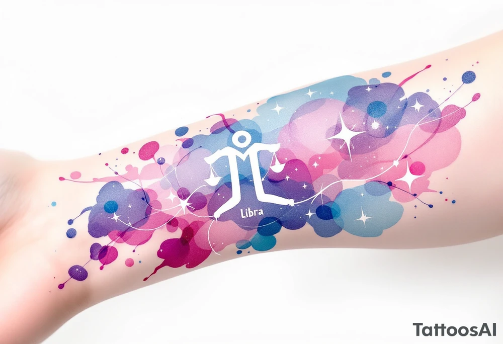 Flowing watercolor splashes in pink, blue, and lavender wrap around a white-ink Libra star constellation and Libra sign. tattoo idea