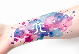 Flowing watercolor splashes in pink, blue, and lavender wrap around a white-ink Libra star constellation and Libra sign. tattoo idea