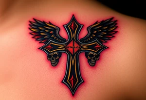 A gothic-style Metallica cross, adorned with sharp edges and dark winged skulls, glowing with fiery gold and dark blood-red shades tattoo idea