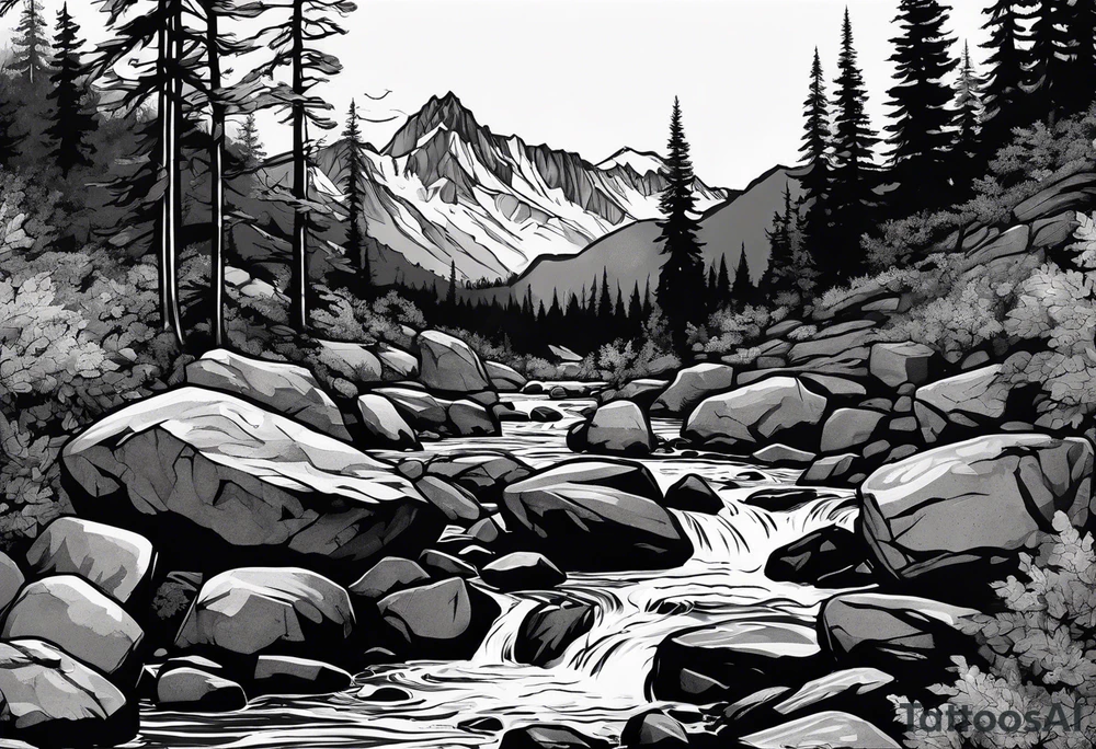 forrest 
river running through rocks and mountains 
open
realistic tattoo idea