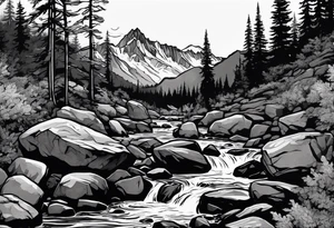 forrest 
river running through rocks and mountains 
open
realistic tattoo idea