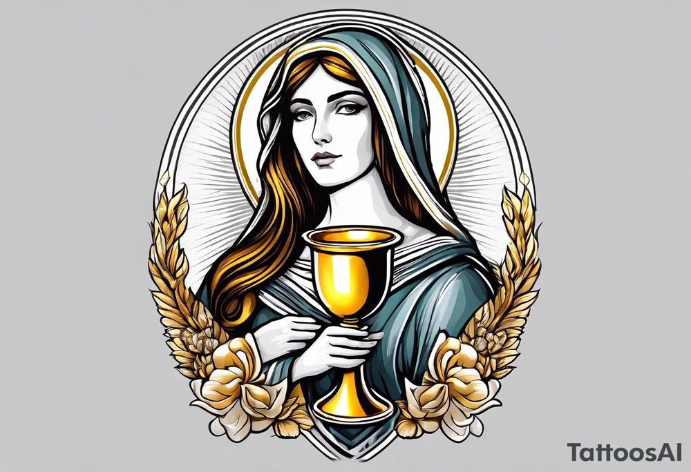 holy saint woman with golden halo holding a chalice tattoo idea