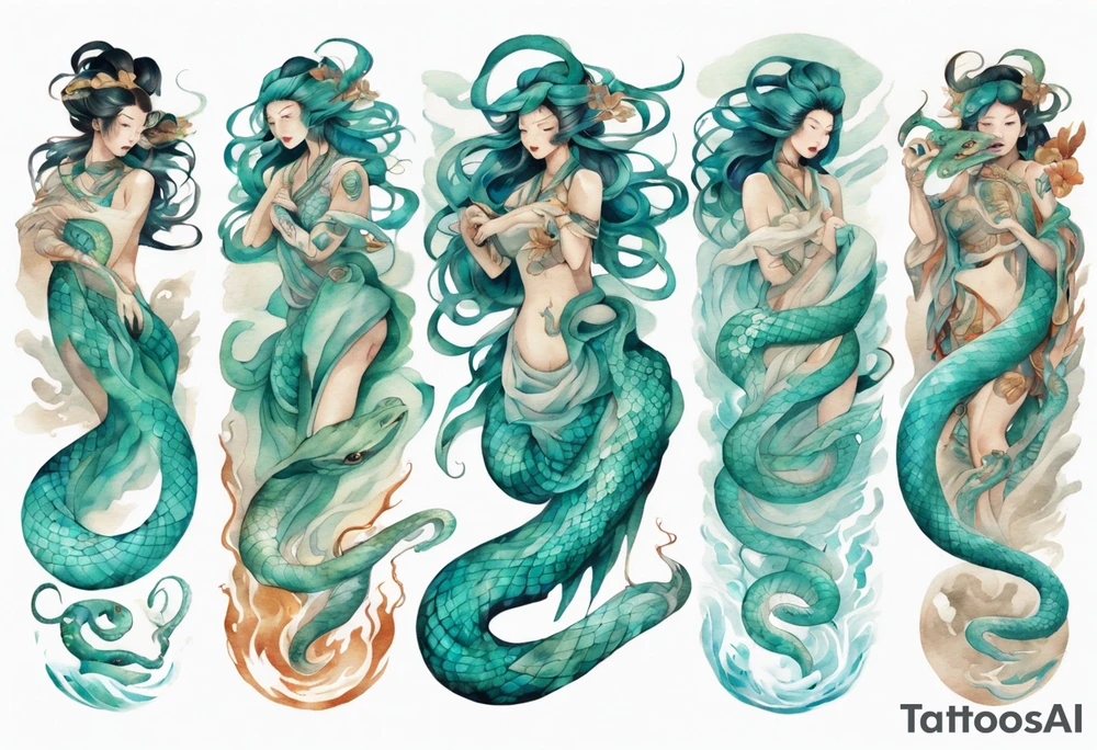 a turquoise woman serpent hybrid emerging from the sea tattoo idea