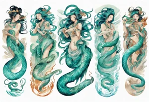 a turquoise woman serpent hybrid emerging from the sea tattoo idea