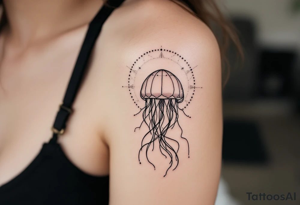 fine-line tattoo, single jellyfish, sacred geometry surround, dotwork patterns, jellyfish bell dome, flowing tentacles, trailing streamers, geometric mandala, radiating dotwork, minimalist design, black grey lines, soft shading, no outlines, geometric frame, organic jellyfish form, upper arm shoulder placement, light airy feel, delicate linework, geometric backdrop, refined elements, clean lines, radiating patterns, jellyfish centerpiece tattoo idea