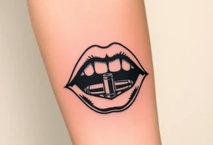 A set of lips snarling with 50cal round between teeth tattoo idea