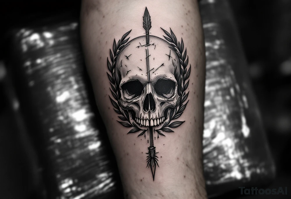 a skull whose head  be pierced by needles and under the head come out an  arrow and surrounded  by two olive tree leaf around tattoo idea