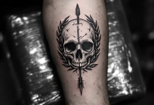 a skull whose head  be pierced by needles and under the head come out an  arrow and surrounded  by two olive tree leaf around tattoo idea