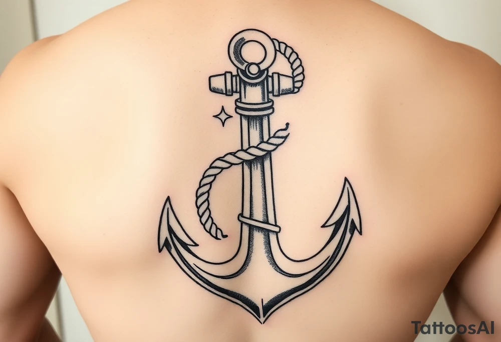 weathered anchor wrapped in nautical rope with sea waves tattoo idea