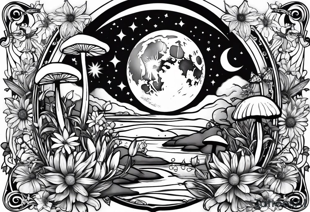 moon with daisy's, lily’s, crystals, and mushrooms tattoo idea