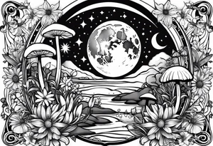 moon with daisy's, lily’s, crystals, and mushrooms tattoo idea