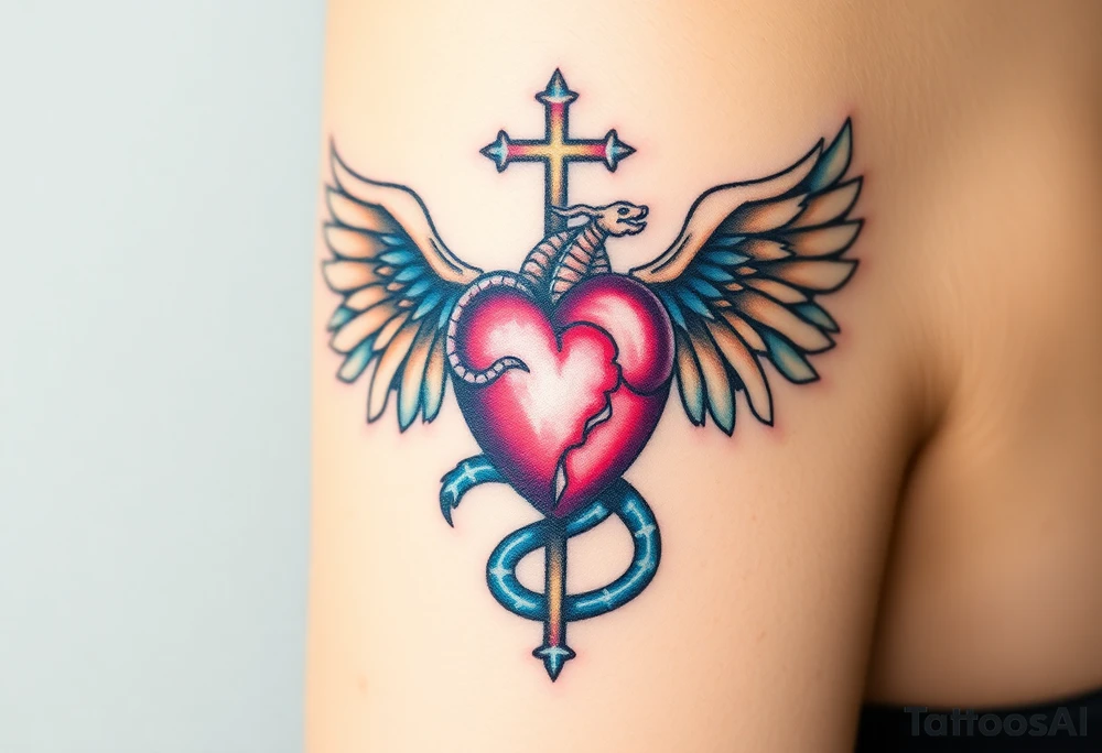 catholic sacred heart with wings and serpent cross tattoo idea