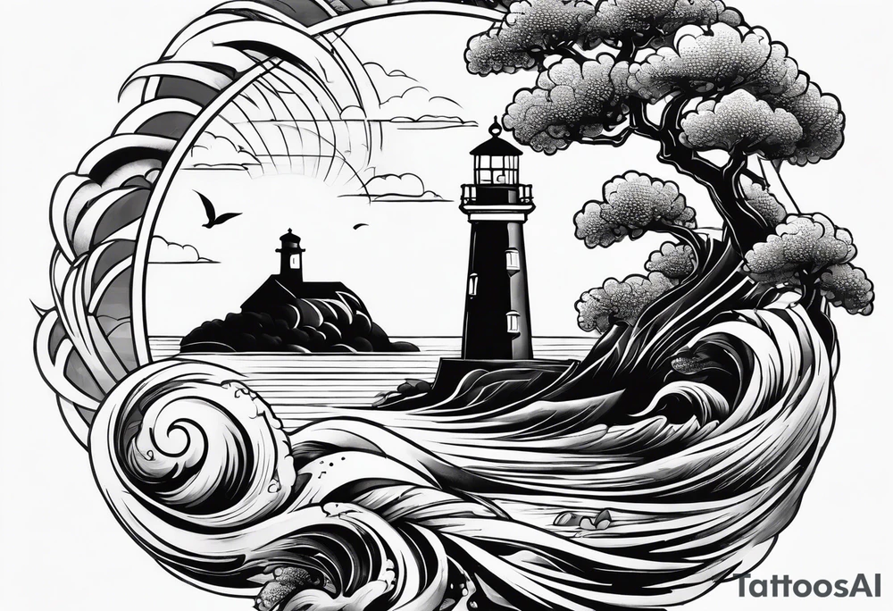 Traditional tattoo flash, stencil, lighthouse tattoo idea