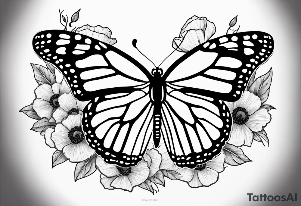 black and white fine line tattoo of a monarch butterfly with poppy flowers exclusively inside the top halves of the wings, featuring minimalistic lines and intricate details, while the bottom halves remain simple. tattoo idea