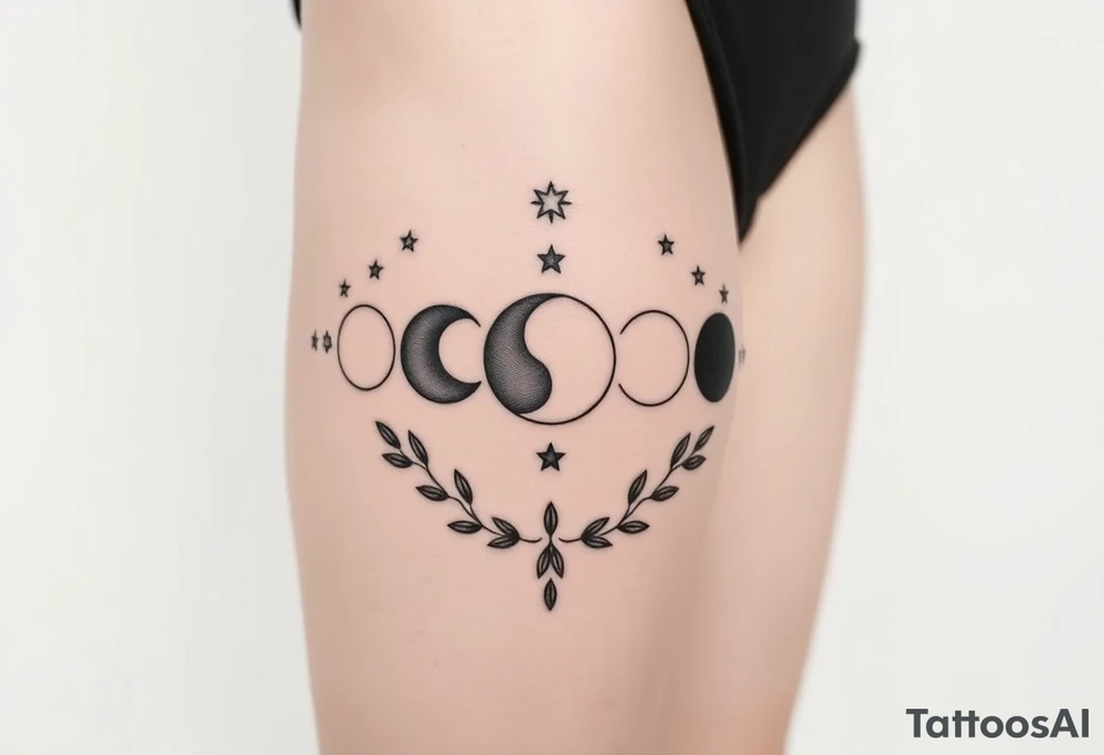 the 9 moon phases with stars and olive branches tattoo idea