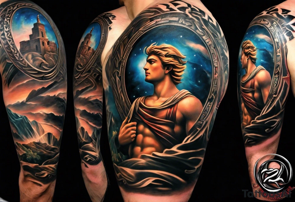 Im a businessman and I had a very long and hard time, chasing my dreams, not giving up, hard work, dedication, focus, heart broken, recovered, pushing hard, got broke and gained again. I like greek gods and I want a full sleeve tattoo exactly telling me the story of my life tattoo idea