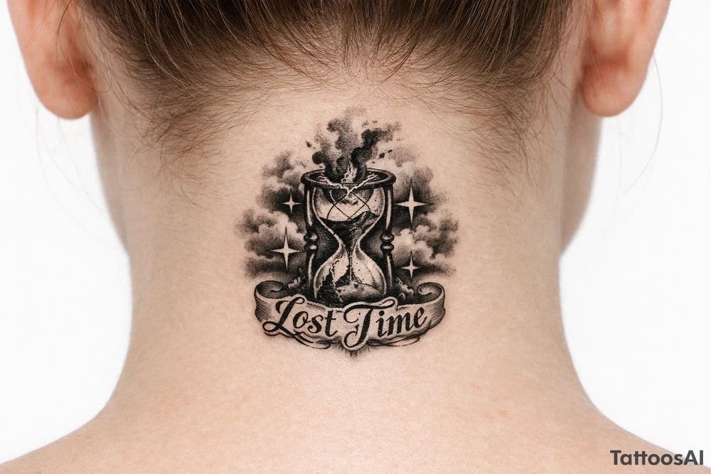 Black and grey realism tattoo design of a cracked, shattered hourglass centered in dark heavy clouds. Sand and dark smoke floating upward out of the glass. Custom gothic script lettering that says "Lost Time" wrapped around the base. Chicano style shading, deep blackwork background, sharp 4-point sparkle stars, high contrast, clean white background, tattoo stencil style tattoo idea