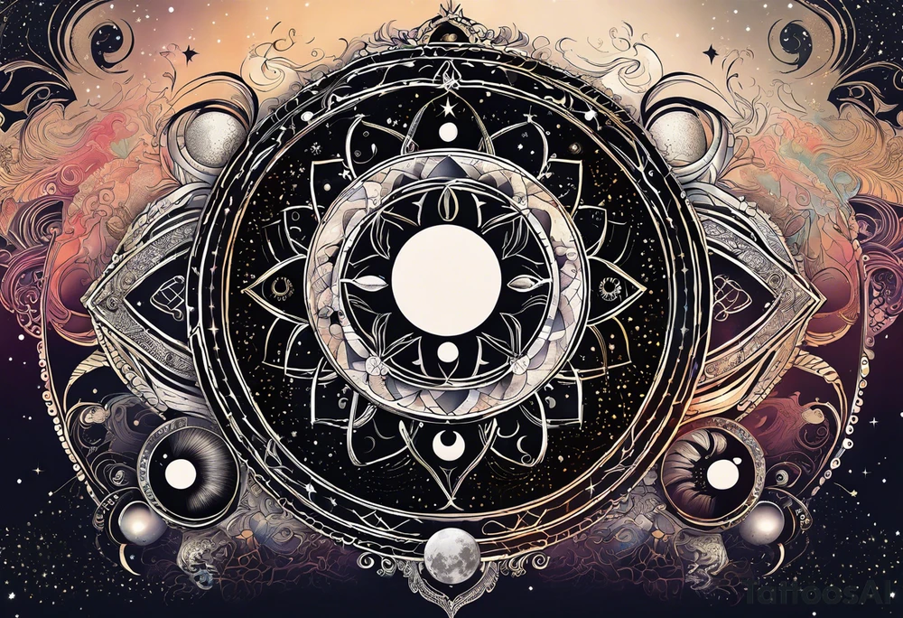 Astrology, Cancer, Natal Chart, symbolic, vision, yin yang, the moon, the sun, Uranus, Pluto, spiritual third eye, mystical armband tattoo idea
