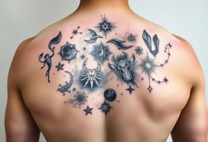 Back piece artistic water color constellations for family members: Scorpio (x2) Taurus, Aries (x2), leo. Star only. Combined into one night sky tattoo idea