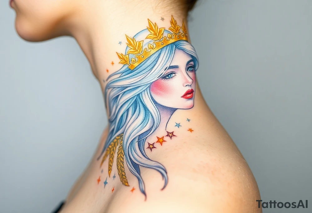 A celestial Virgo goddess with long flowing silver hair, wearing a crown of golden wheat, floating among glowing stars tattoo idea